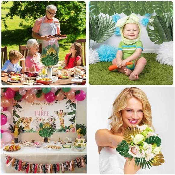 72 Pieces 10 Kinds Artificial Palm Leaves Golden Tropical Leaves with Stems - Picture 5 of 7